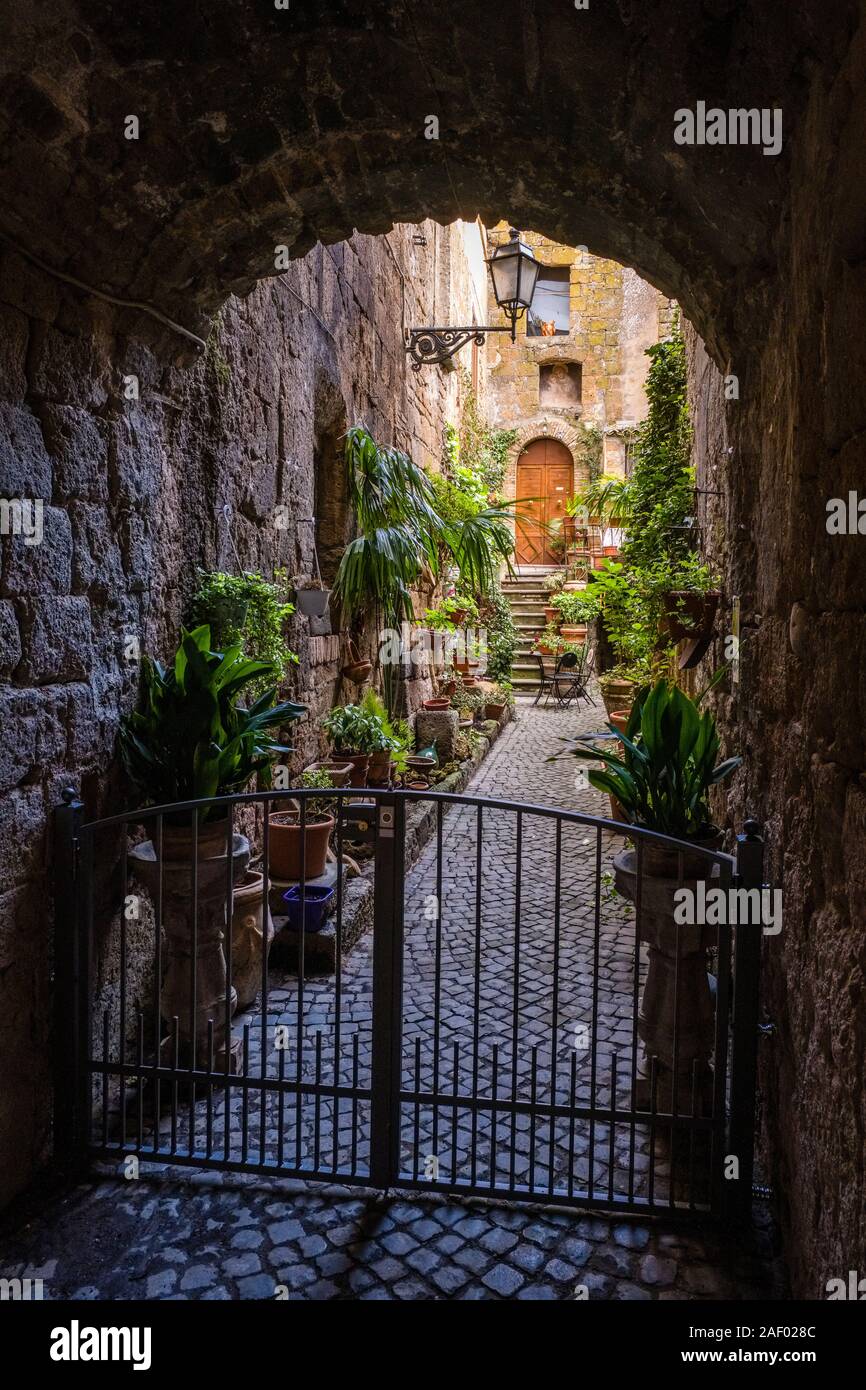 Un piccolo viale con case in pietra e molte piante verdi visto attraverso un cancello ad arco nella città medievale Foto Stock