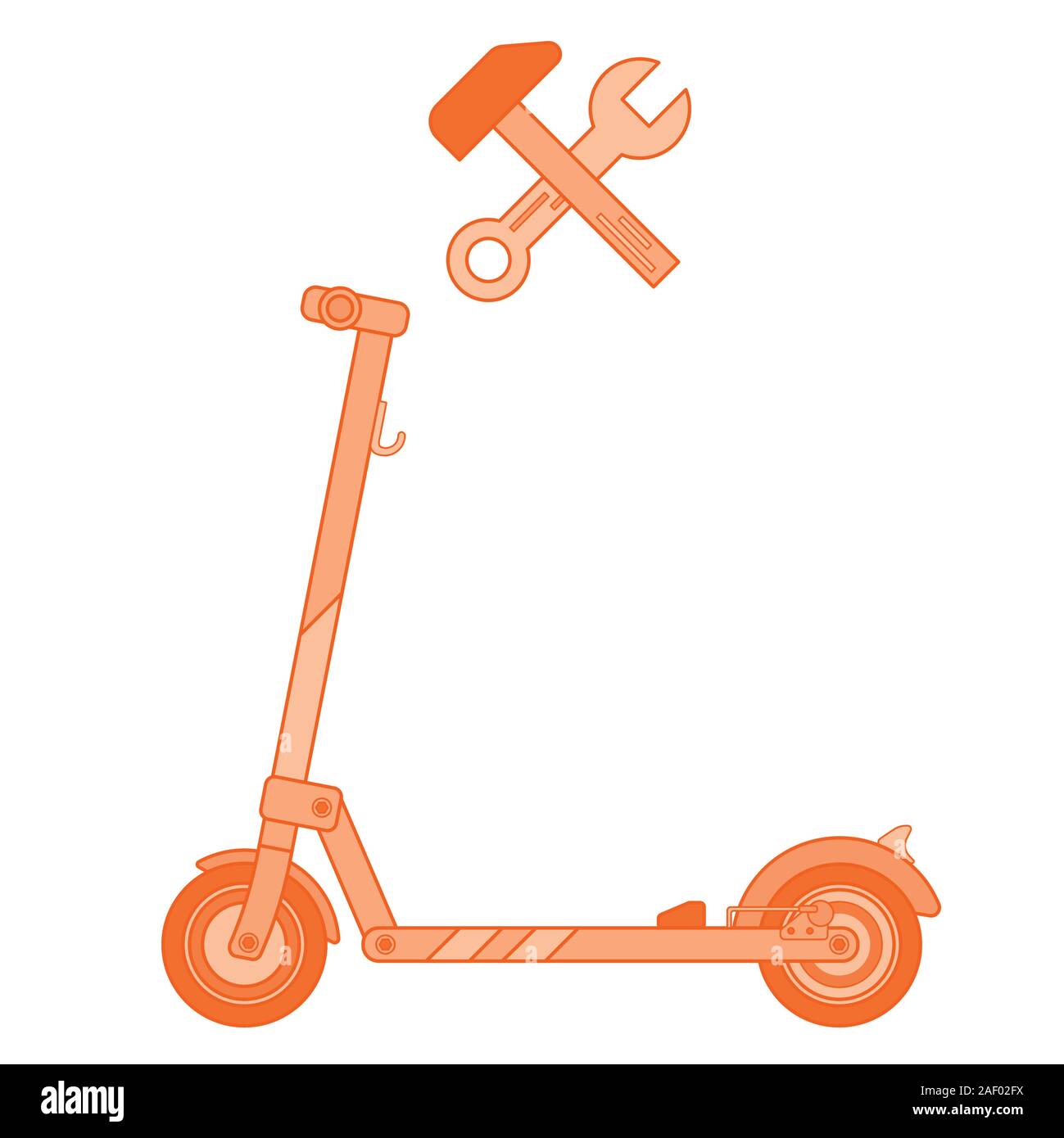 Lo scooter elettrico riparare il segno su uno sfondo bianco disegnato in uno stile piatto dipinto in gradazioni di colore arancione Illustrazione Vettoriale
