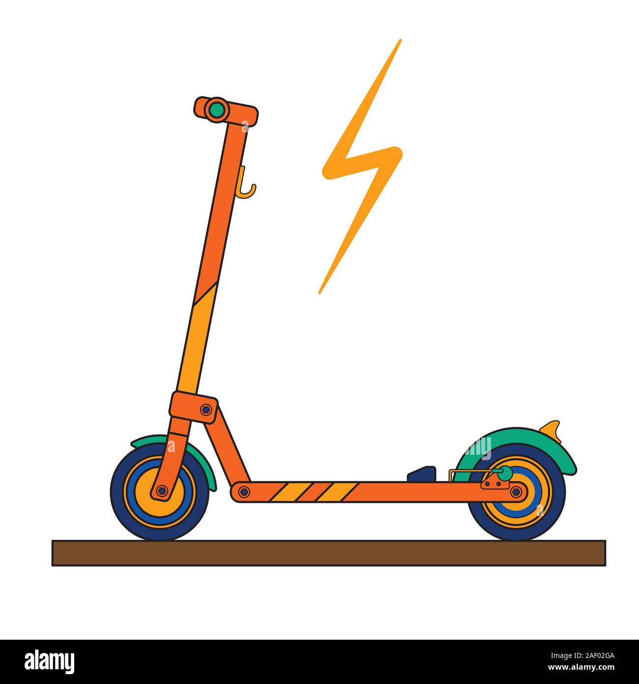 Elettrico moderno kick scooter su uno sfondo bianco disegnato in uno stile piatto con un segno di illuminazione. Illustrazione Vettoriale