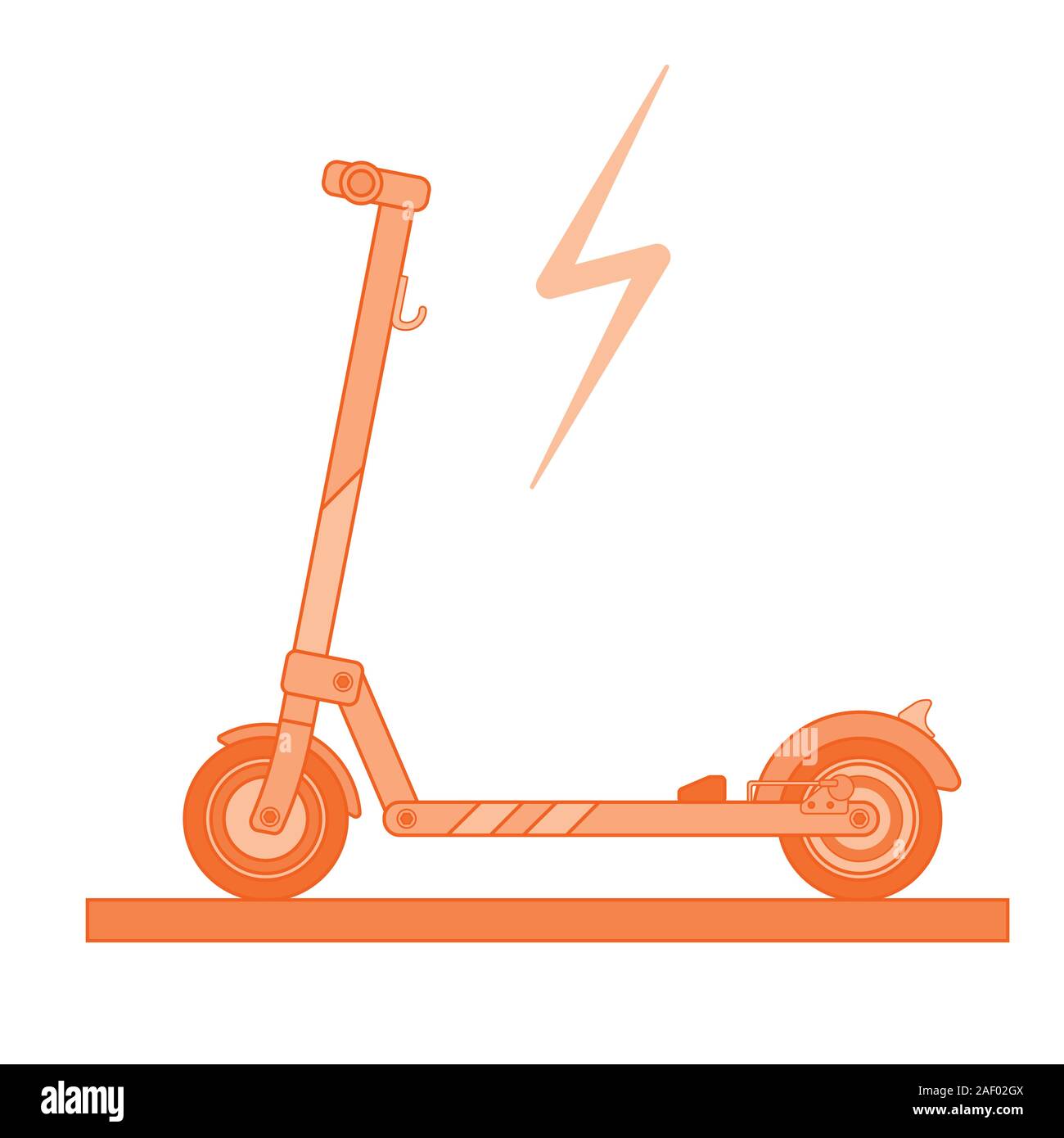 Moderni scooter elettrico su sfondo bianco disegnato in uno stile piatto con un segno di illuminazione dipinte in gradazioni di colore arancione Illustrazione Vettoriale
