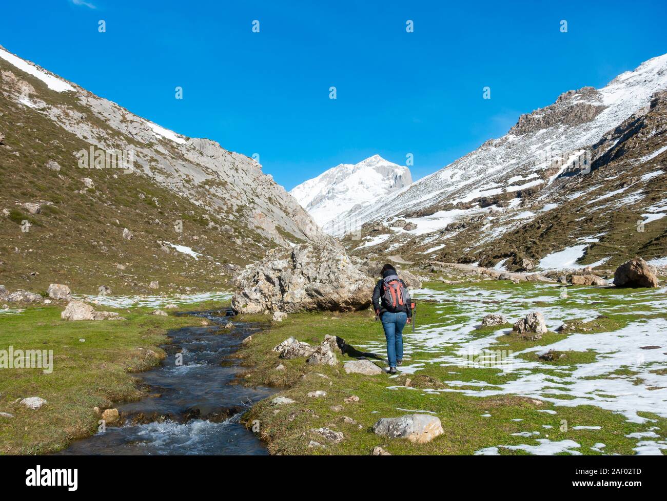 Escursionista femmina passeggiate nel Parco Nazionale Picos de Europa in inverno. Cantabria, Spin Foto Stock