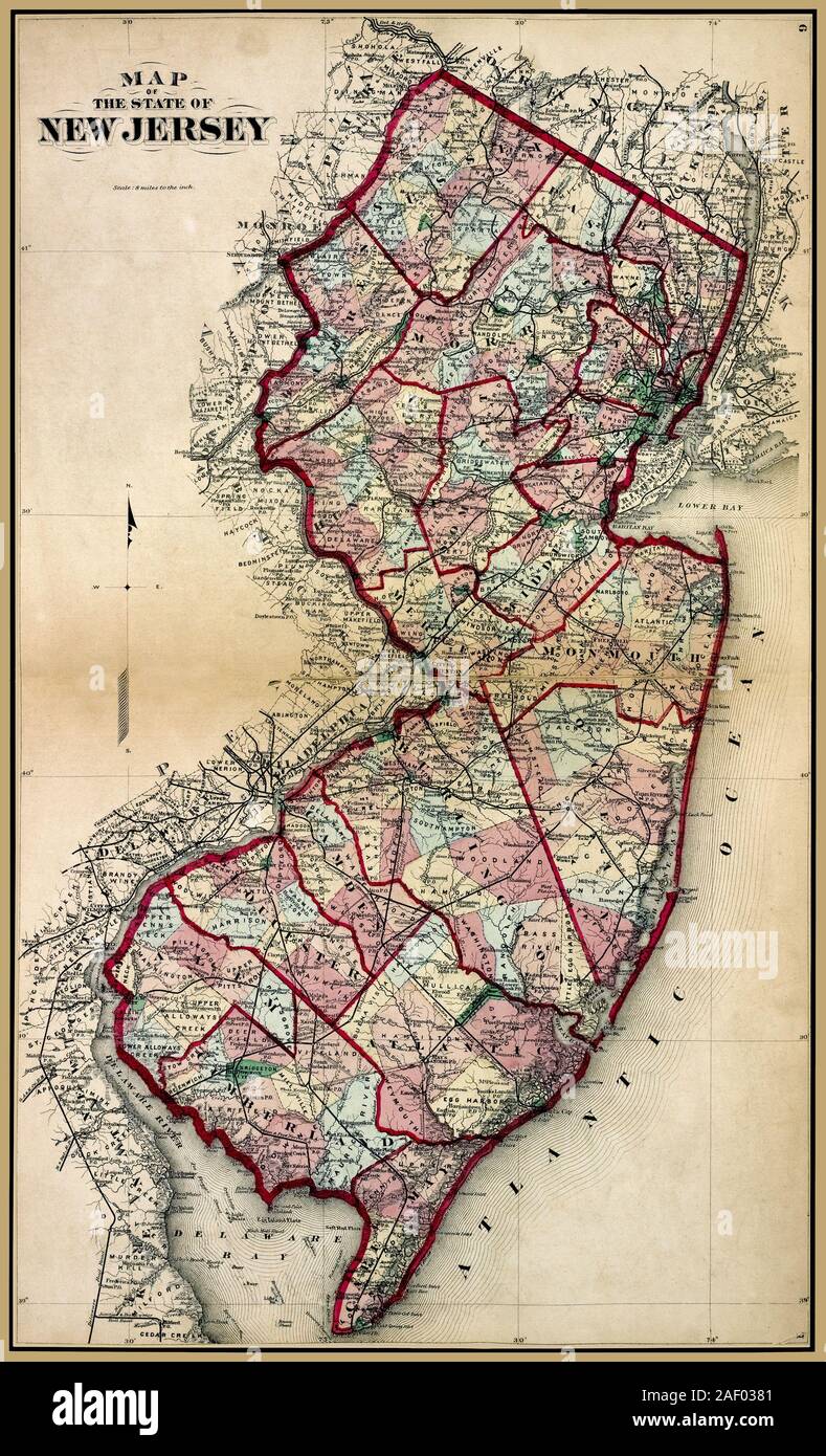 Mappa di New Jersey da antichi atlas datata 1873 Foto Stock