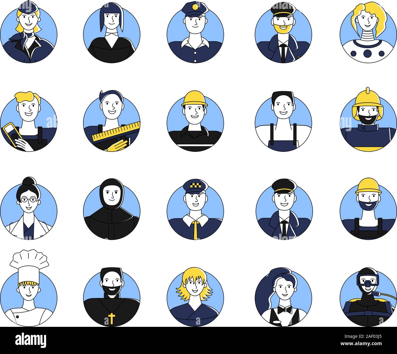 Raccolta di lavoratori di sesso femminile e maschile di diverse professioni avatar utente. Bundle di icone di persone di diverse professioni. Isolato su bianco Illustrazione Vettoriale