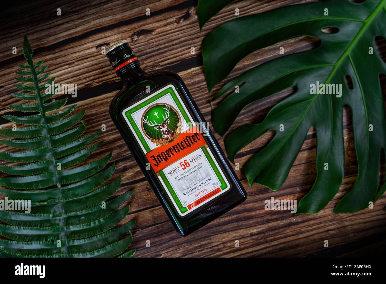 Tanakajd, Ungheria - 112. 11. 2019 : Una bottiglia di Jägermeister su spiovente di sfondo di legno con foglie di erbe . Foto Stock