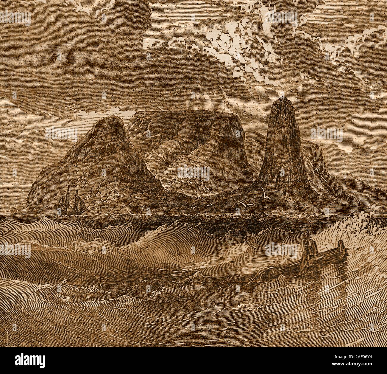 Una drammatica incisione storica mostra una nave a vela passando il Capo di Buona Speranza. Sebbene descritta in quanto tale, l'immagine potrebbe dimostrare a Cape Point. Foto Stock