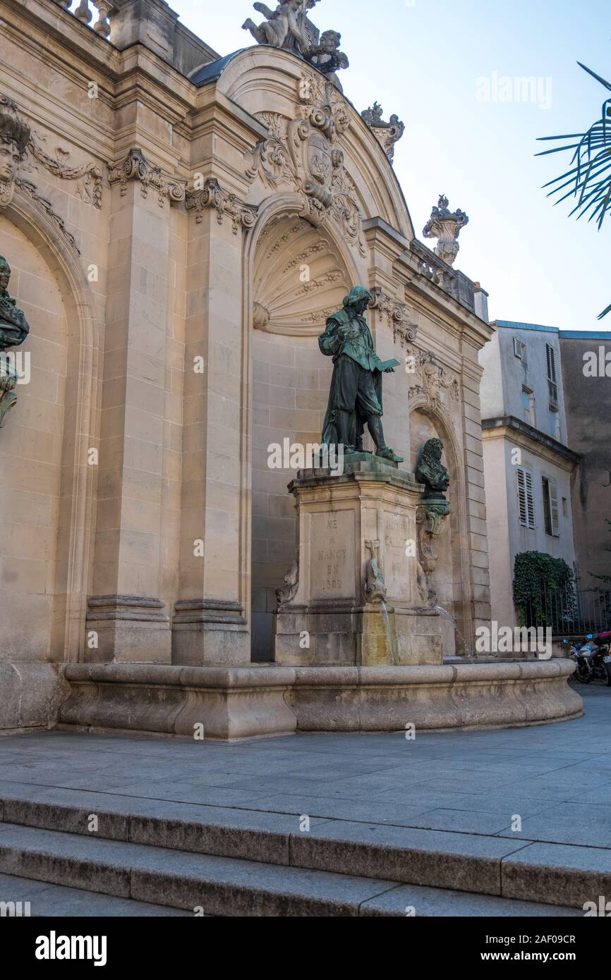 Nancy, Francia - 31 agosto 2019: Monumento a Jacques Callot sul luogo Vaudemont in Nancy Lorraine, Francia Foto Stock