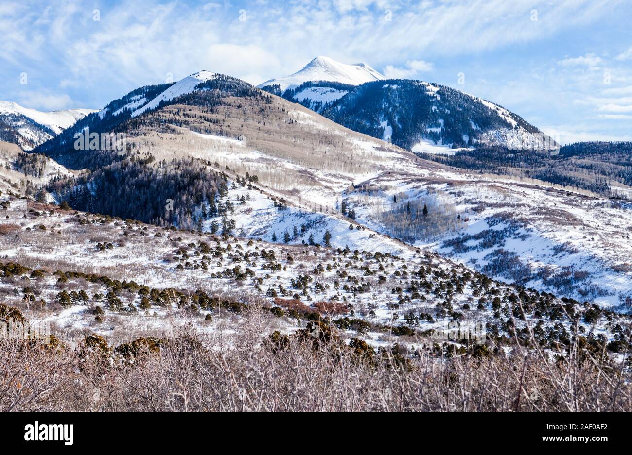 Guardando verso l'alto verso La Sal Mountains in southest Utah, Stati Uniti d'America. Foto Stock