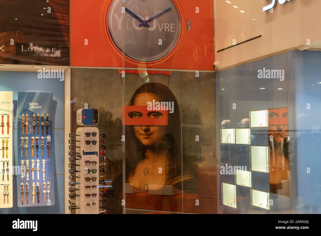 Mona Lisa foto in shopping mall, Parigi Francia Foto Stock