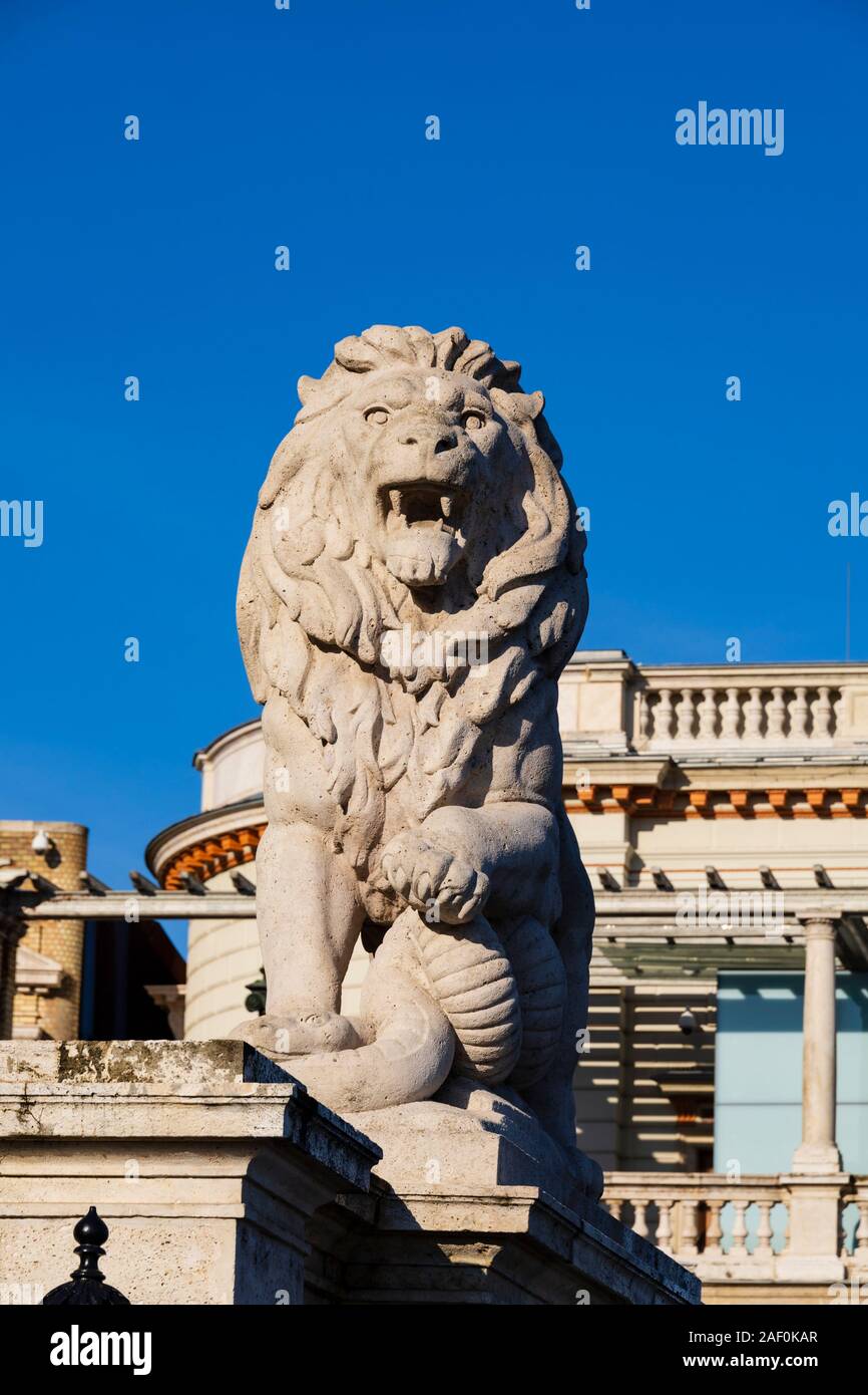Leone di pietra statua all'ingresso del Castello di Buda giardini. Inverno a Budapest, Ungheria. Dicembre 2019 Foto Stock
