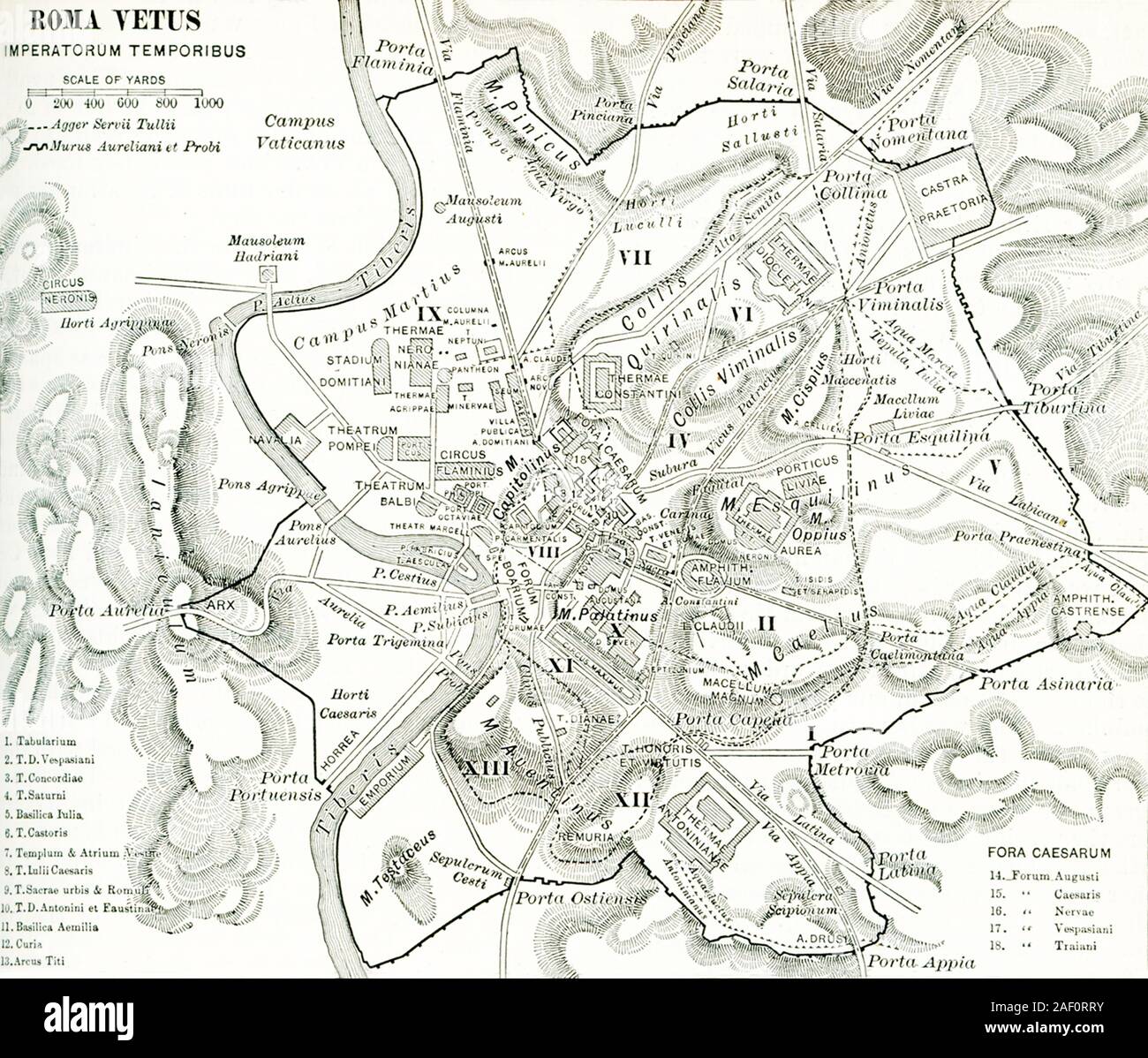 Questa mappa di Roma mostra la città durante il periodo degli imperatori: dal primo imperatore Augusto (27 A.C. - 14 d.C.) di Traiano (98-117 d.C.). La leggenda è come segue: I. Tabularium; II. Templum D. Vespasiano; III. Templum Castor; IV. Templum Saturnus; V. Basilica Iulia; VI. Templum Castor; VII. Templum & Atrium di Vesta; VIII. Templum Iulius Caesar; IX. Templum della Città Sacra & Romolo; X. Templum D. Antonius; XI. Basilica Aemilia; XII. Curia; XIII. Arcus Tito; XIV. Foro di Augusto; XV. Foro di Cesare; XVI. Foro di Nerva; XVII. Forum di Vespasiano; XVII. Foro di Traiano. Nota: il d Foto Stock