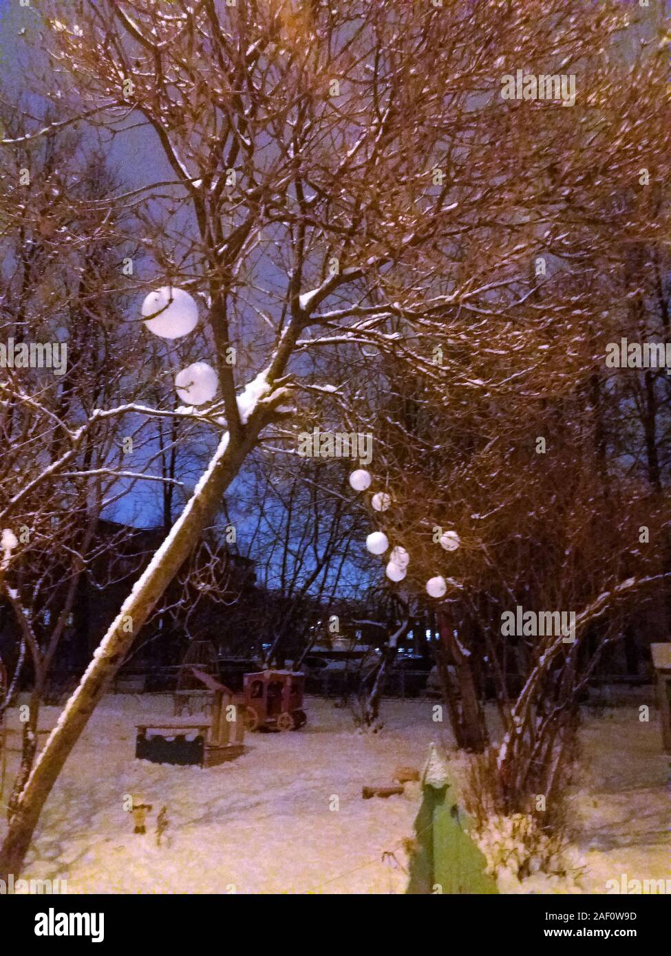 Facciamo i mestieri con bambini - bambini decorato gli alberi nel cortile con snowballs con un attrezzo speciale per rendere snowballs. Esso si è rivelato molto bello. Notte. Foto Stock