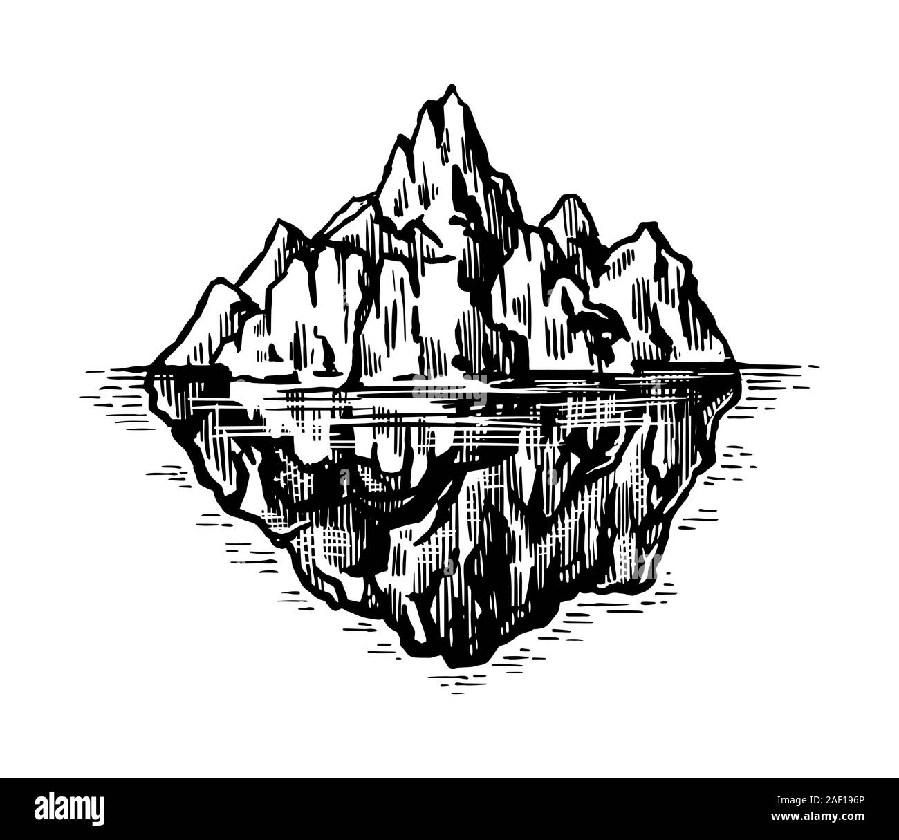 Iceberg nell'oceano. Un grande pezzo di un ghiacciaio galleggiante in acqua del nord. Incisi disegnati a mano vintage schizzo per emblema, logo web, banner Illustrazione Vettoriale