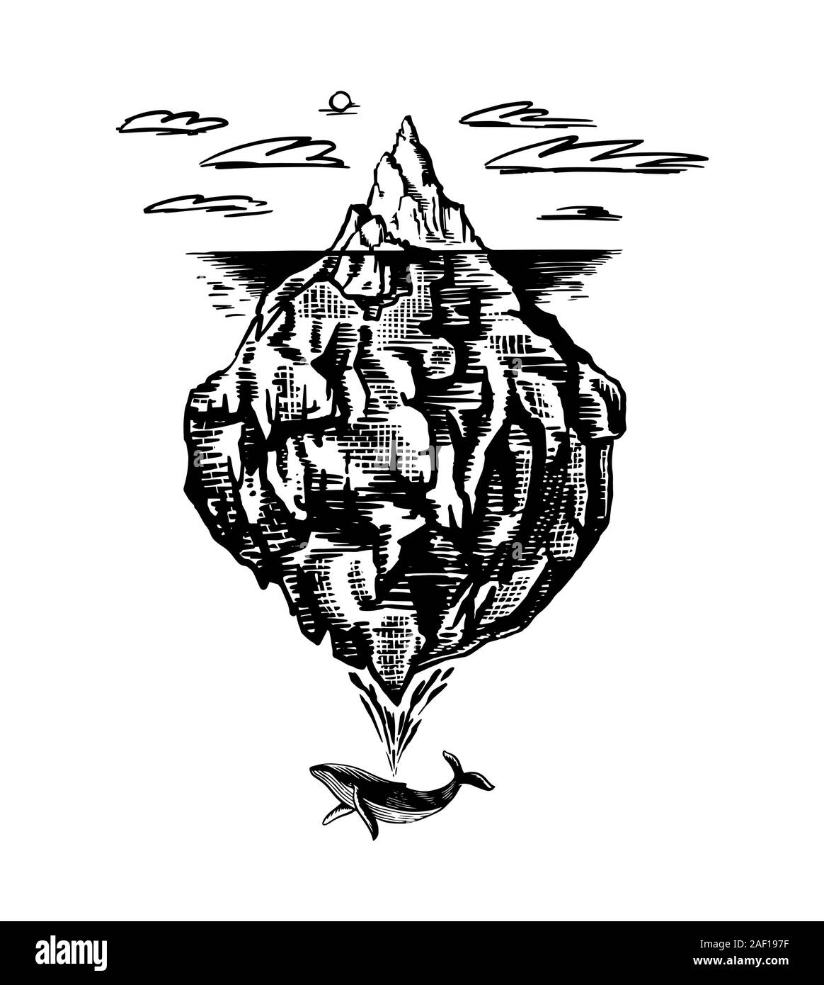 Iceberg nell'oceano. Un grande pezzo di un ghiacciaio galleggiante in acqua del nord. Incisi disegnati a mano vintage schizzo per emblema, logo web, banner Illustrazione Vettoriale