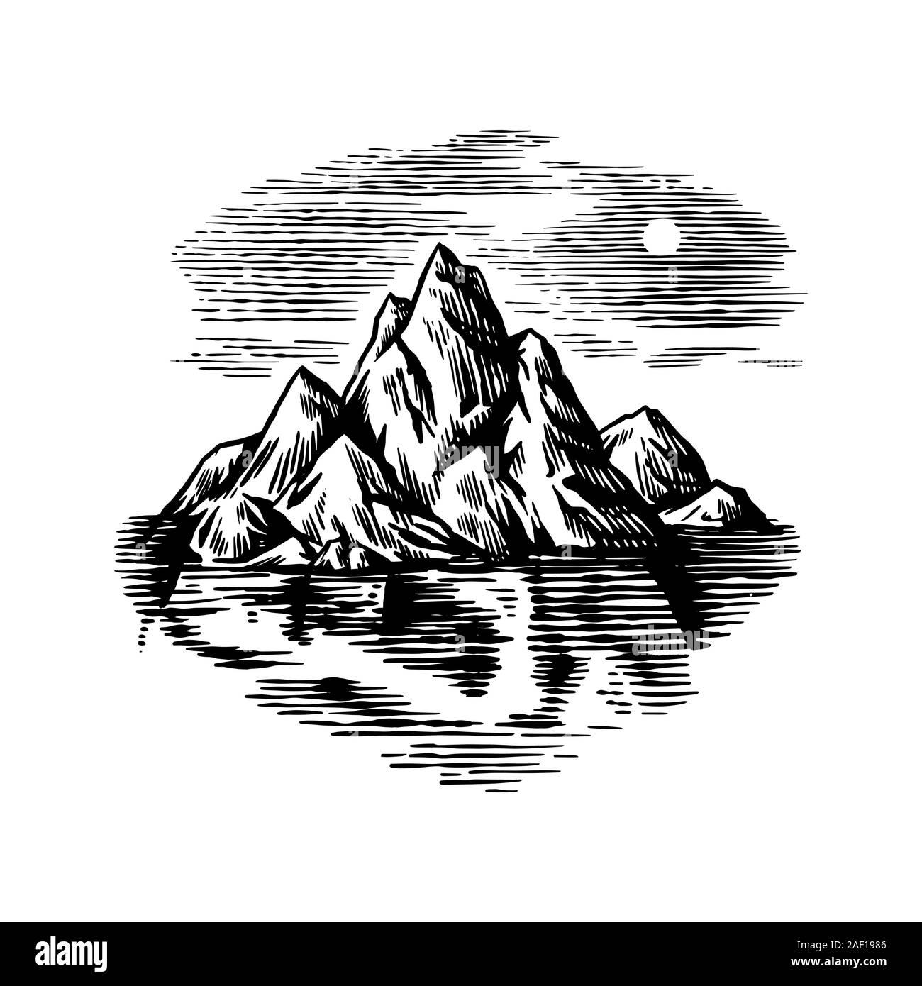 Iceberg nell'oceano. Un grande pezzo del ghiacciaio galleggiante in acqua del nord. Incisi disegnati a mano vintage schizzo per emblema, logo web, banner o t-shirt Illustrazione Vettoriale
