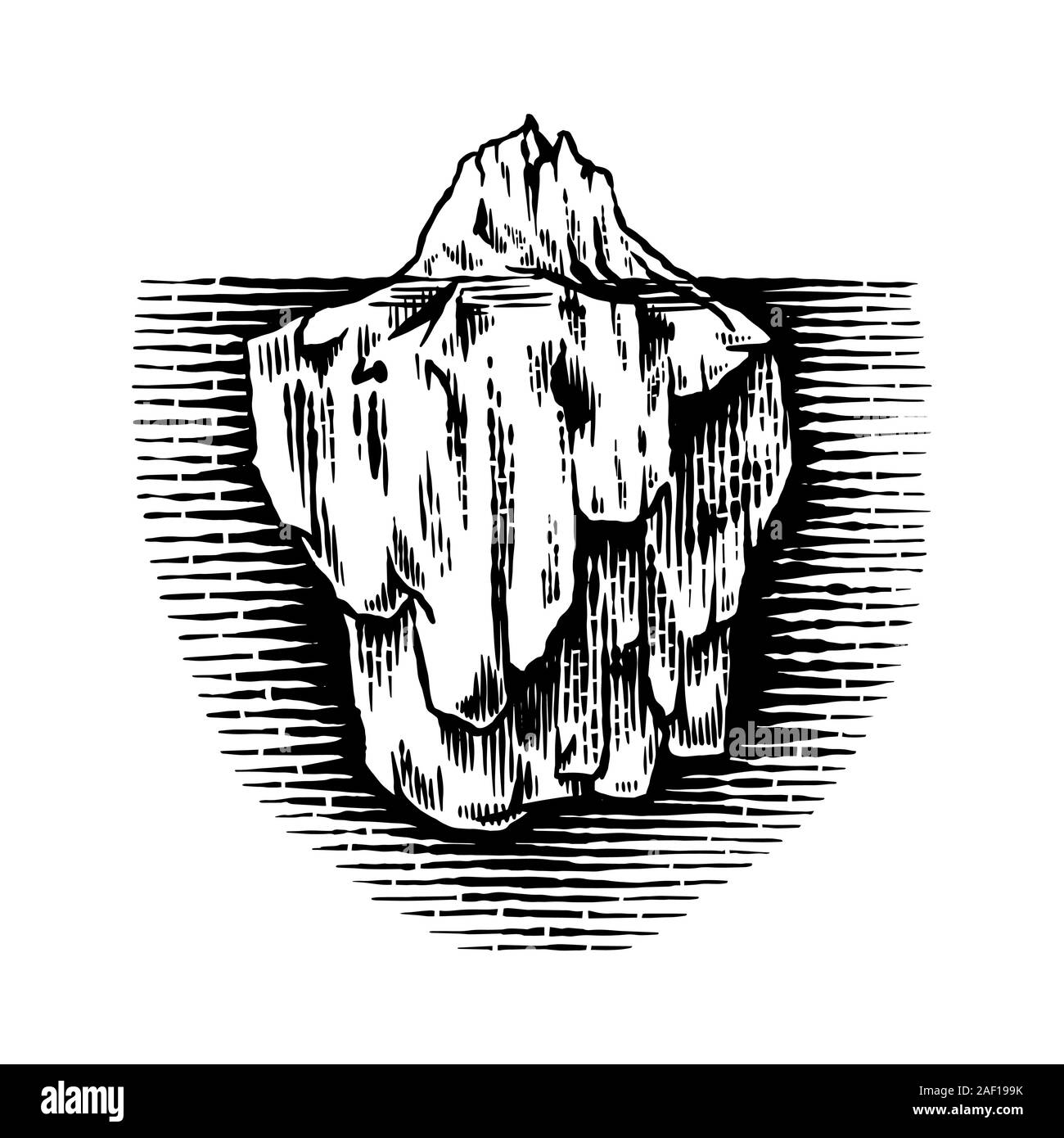 Iceberg nell'oceano. Un grande pezzo del ghiacciaio galleggiante in acqua del nord. Incisi disegnati a mano vintage schizzo per emblema, logo web, banner o t-shirt Illustrazione Vettoriale