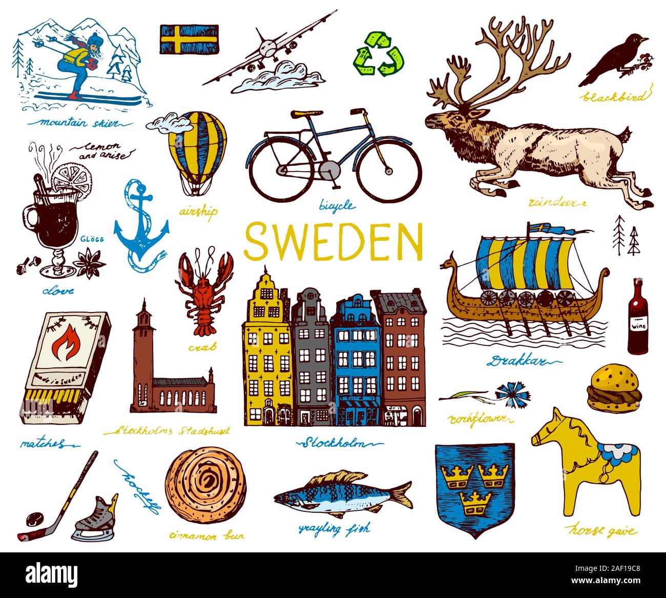 Simboli della Svezia in stile vintage. Schizzo retrò con segni tradizionali. Cultura scandinava, intrattenimento nazionale nel paese europeo. Ecologia e Illustrazione Vettoriale