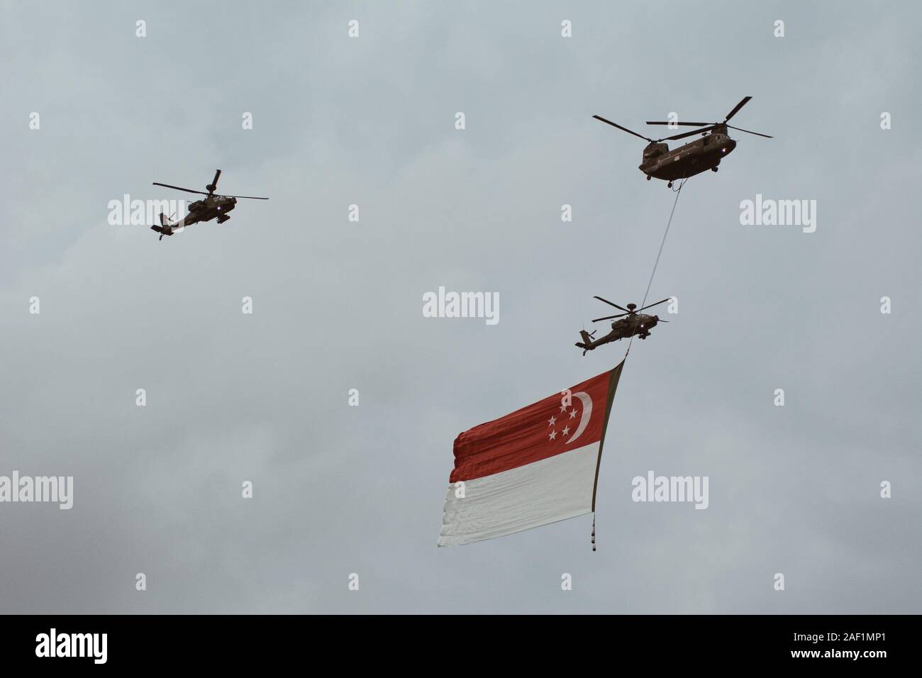 Singapore - Lug 4, 2015. Singapore Air Force (RSAF) jet fighter fly pass su Marina Bay Sands in Singapore National Day Parade (SG50) prove. Foto Stock