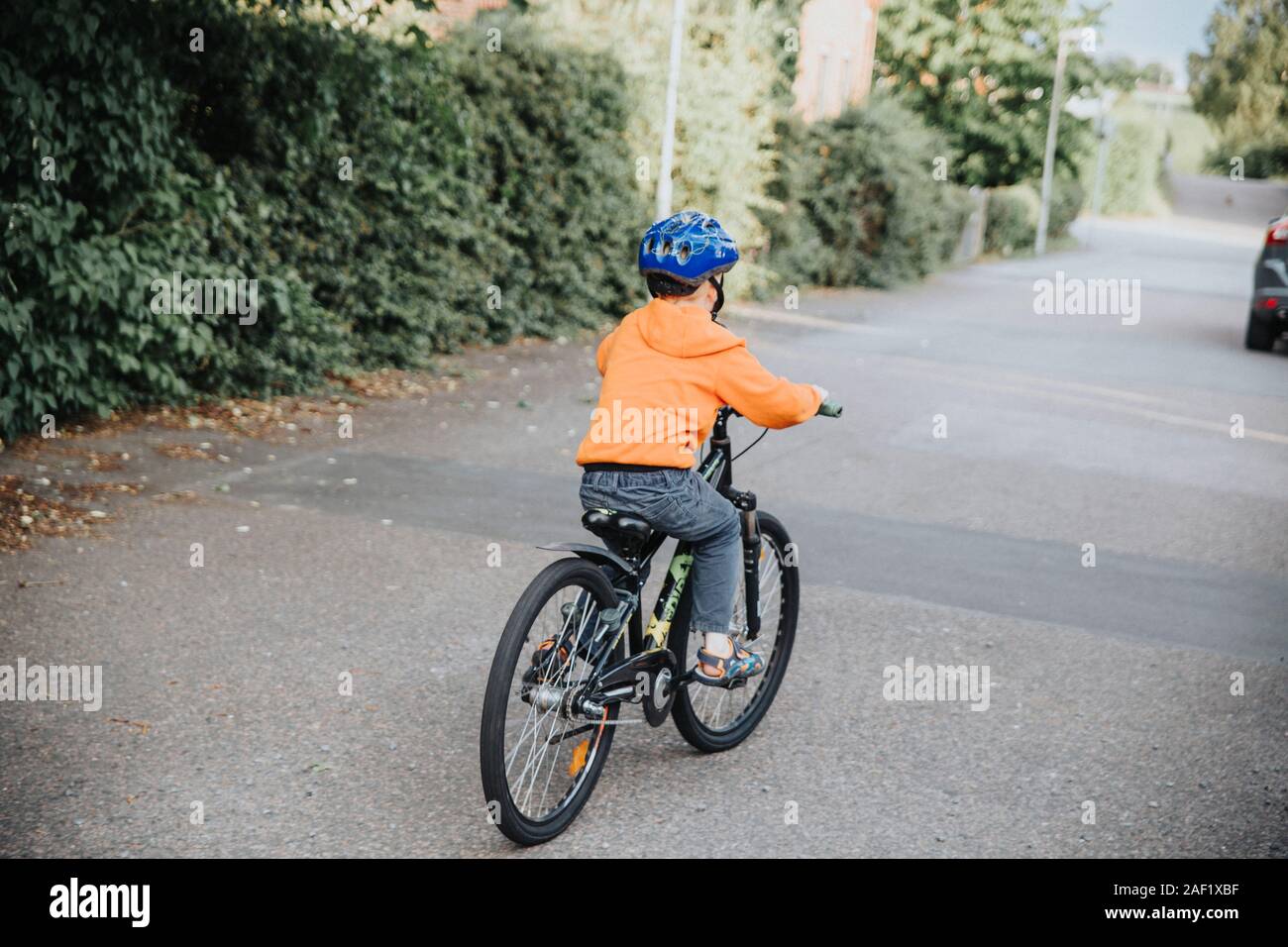 Vista posteriore del ragazzo in bicicletta Foto Stock