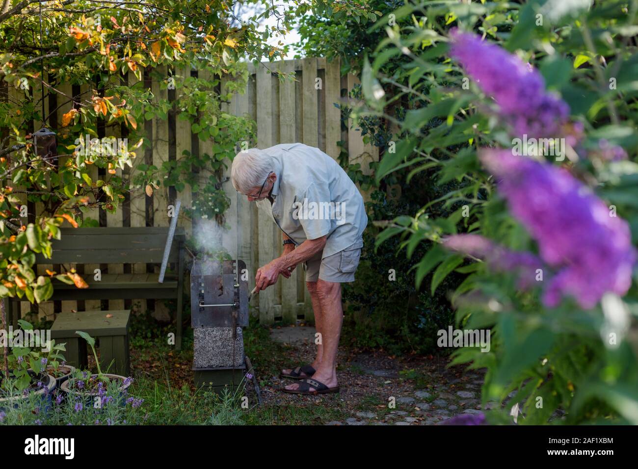 Senior l uomo nel giardino Foto Stock