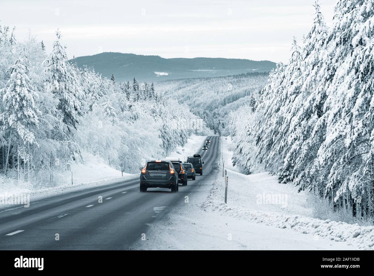 Vetture su strada invernale Foto Stock