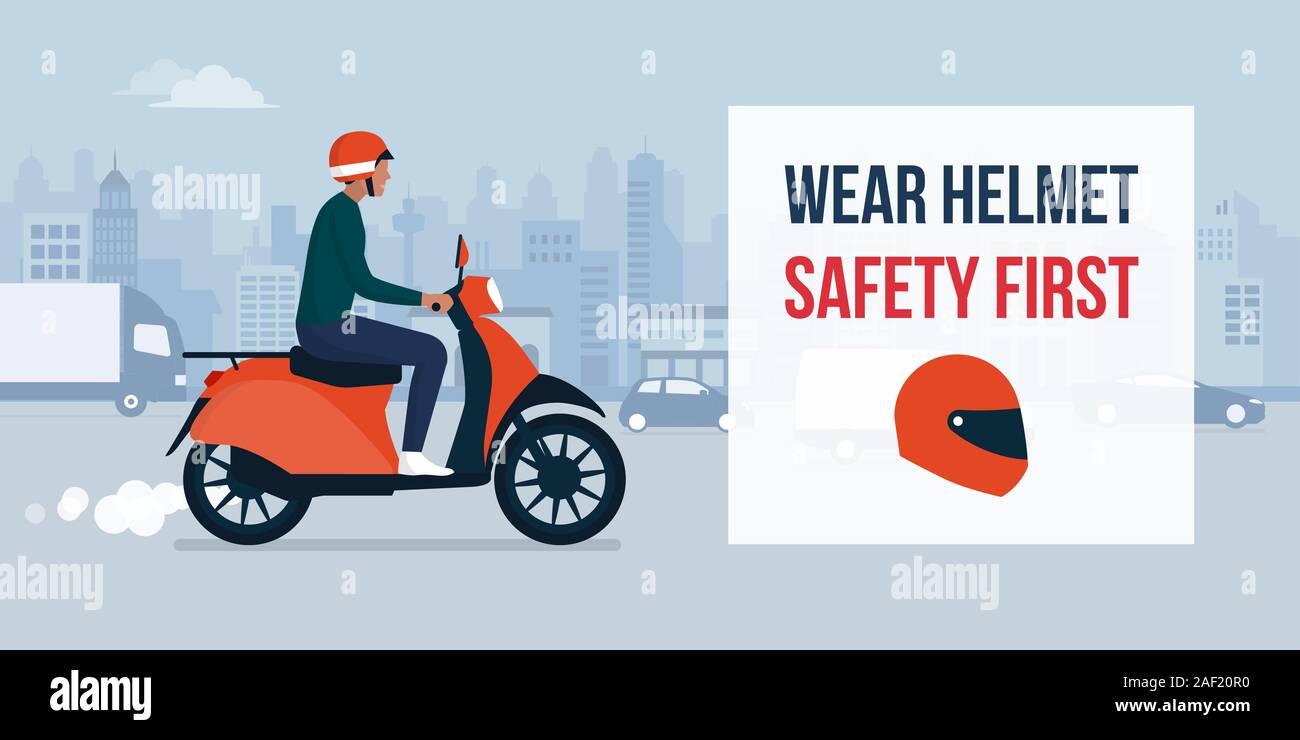 Indossare il casco quando si viaggia in moto, l'uomo a cavallo di un ciclomotore con il casco e la strada di città Illustrazione Vettoriale
