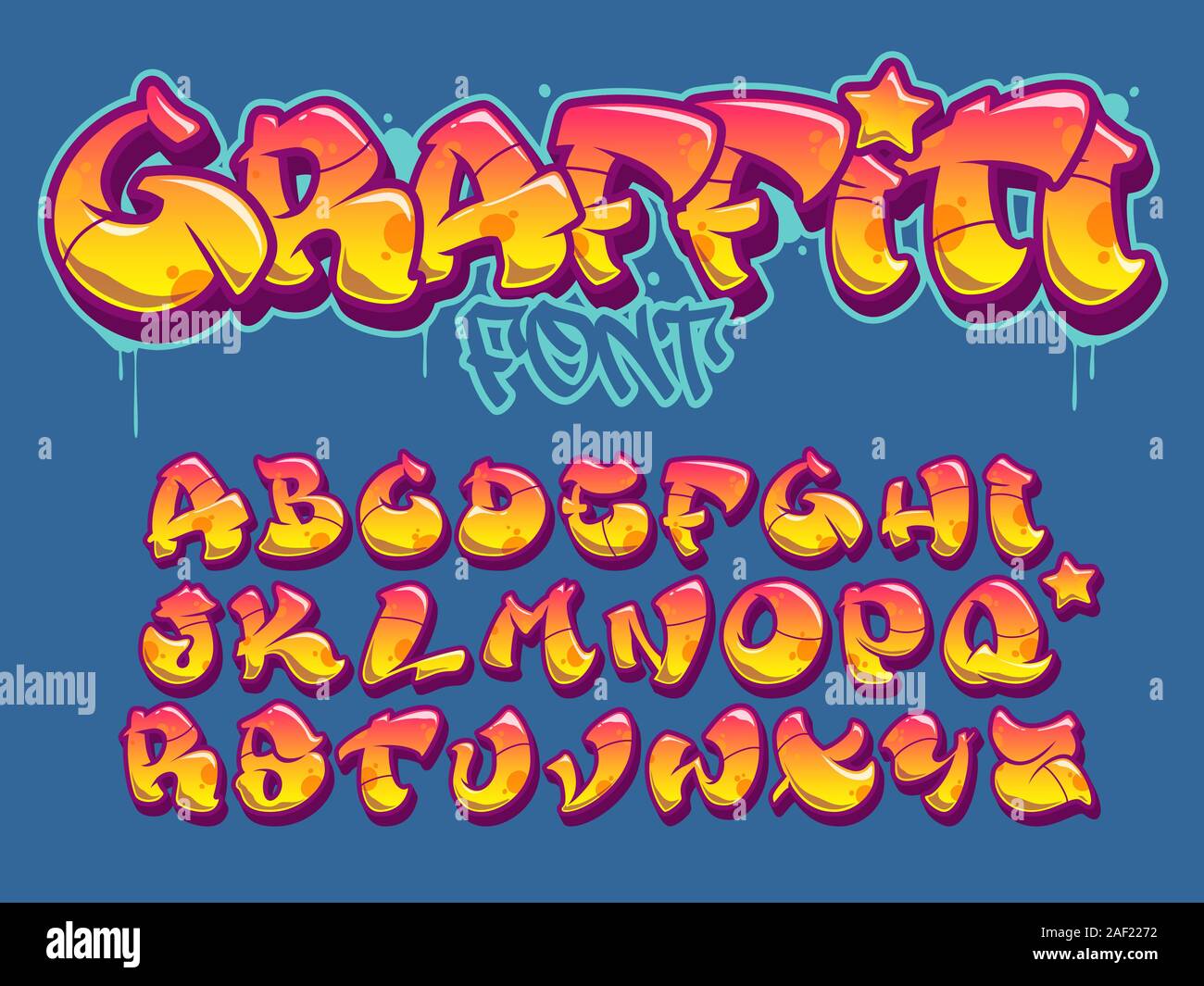 Carattere vettoriale nella vecchia scuola in stile graffiti. Lettere maiuscole alfabeto. Completamente personalizzabile di colori. Illustrazione Vettoriale