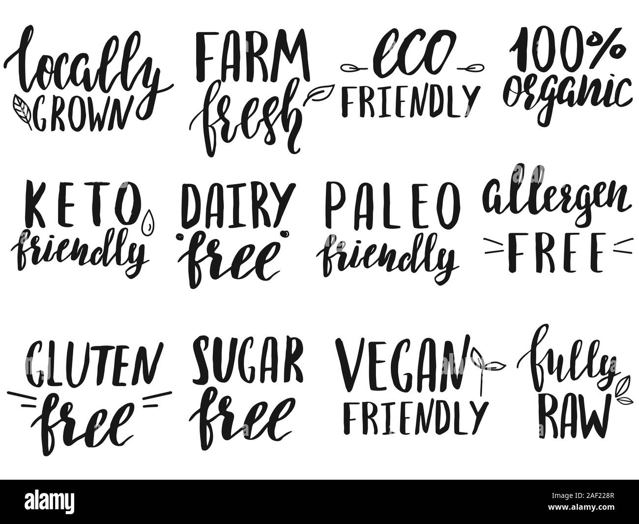 Set di integratori alimentari etichette scritte a mano. Illustrazione Vettoriale