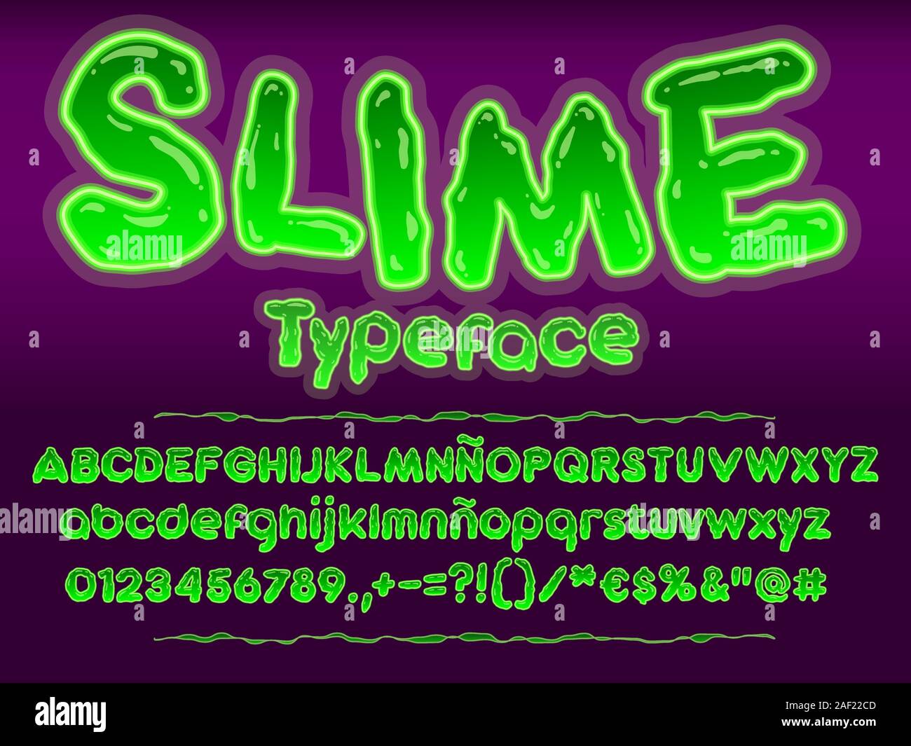 Incandescente verde tossico slime font. Lettere di halloween illustrazione. Alfabeto di vettore con numeri e glifi. Illustrazione Vettoriale