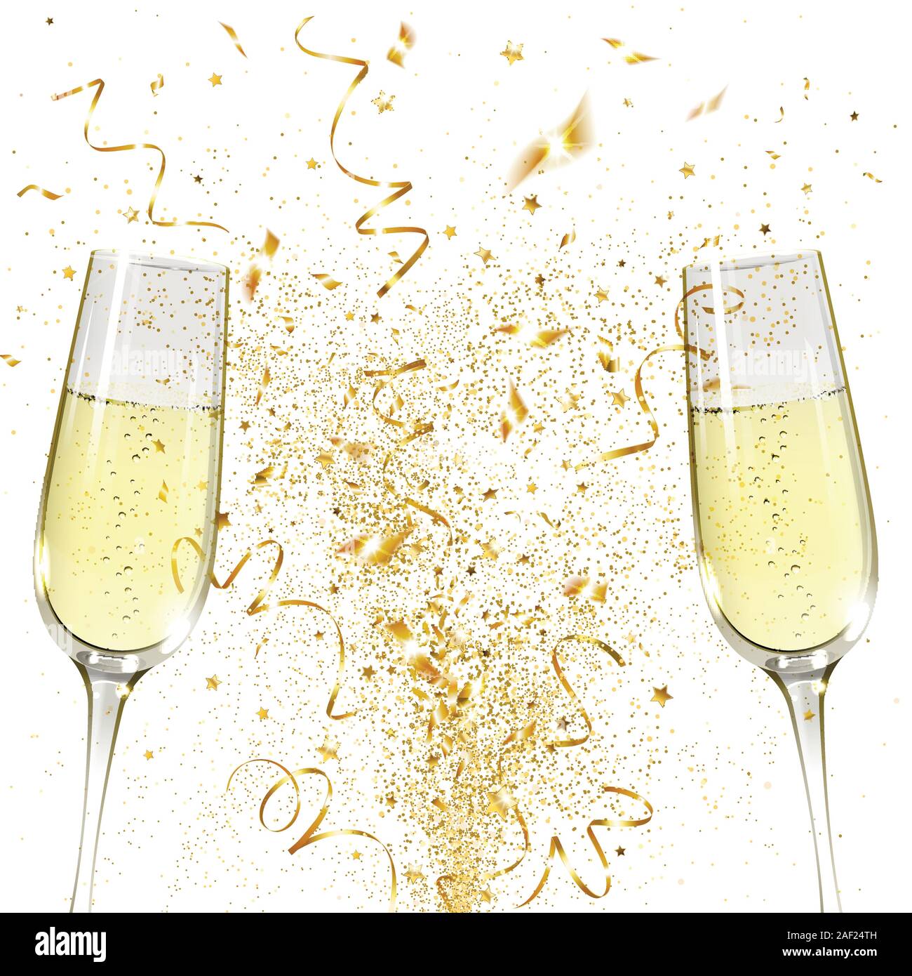 Bicchieri di champagne e coriandoli oro su sfondo bianco Illustrazione Vettoriale