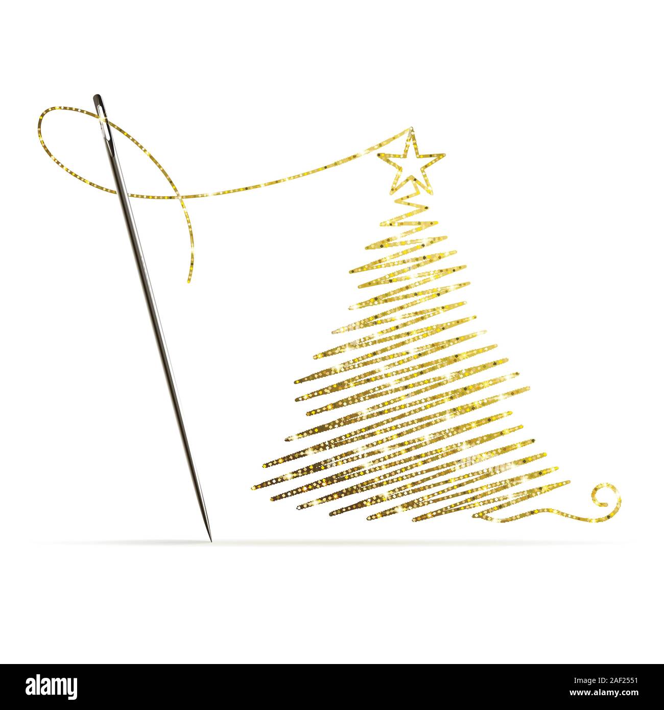 Ago di cucitura con filo d'oro in forma di un albero di Natale su sfondo bianco Illustrazione Vettoriale