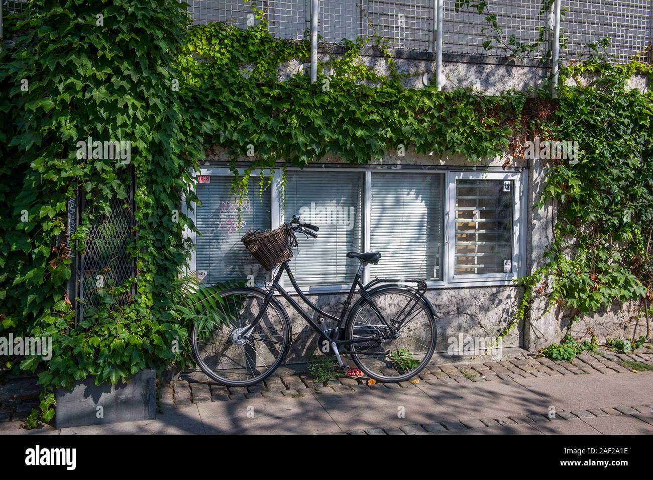 Una bicicletta appoggiata contro la parete a Copenhagen, Danimarca Foto Stock