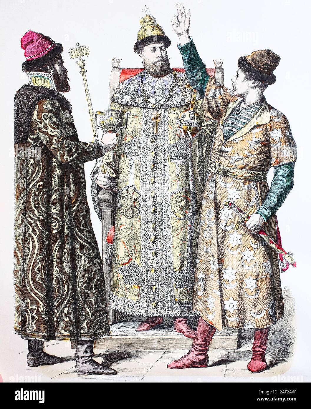 Il costume nazionale, vestiti, la storia del costume, Bojare, Zar e altri Bojare, Russia, secolo XVII, Volkstracht, Kleidung, Geschichte der Kostüme, Zar und weiterer Bojare, Russland, 17. Jahrhundert Foto Stock