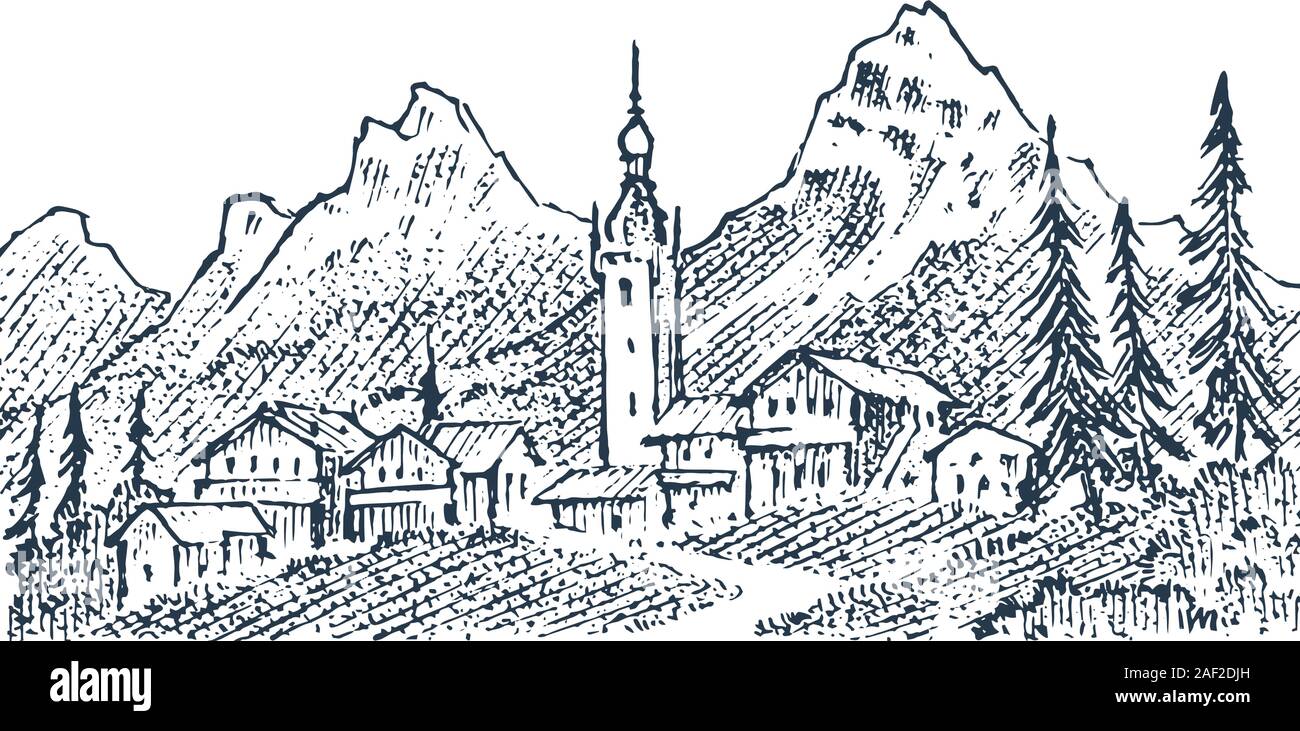 Paesaggio di montagna con cime innevate. Le illustrazioni incise di una mano bozzetto in vintage stile retrò. Illustrazione Vettoriale