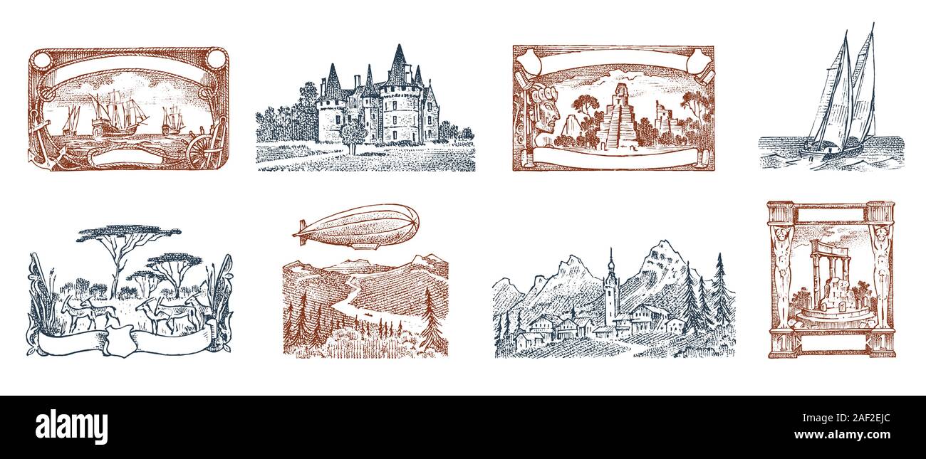 Vintage francobolli. Paesaggi antichi, dragon e nave a vela. Retrò vecchio Sketch. Cartolina in bianco e nero. Disegnata a mano inciso marchio retrò, telai Illustrazione Vettoriale