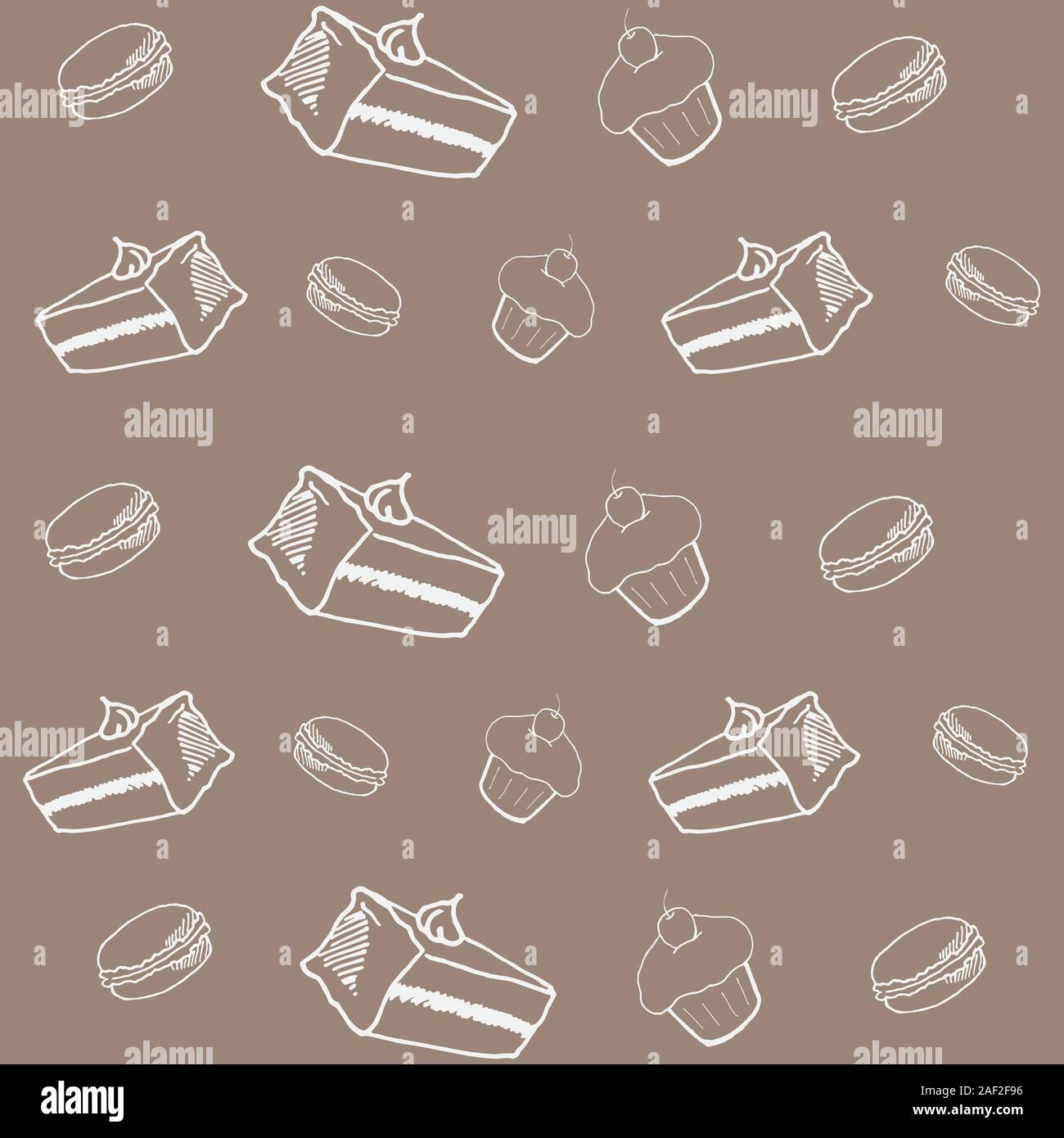 Amaretto cheesecake, cupcake e cookie su uno sfondo marrone, disegnati a mano, sfondo vettoriale per la progettazione. Illustrazione Vettoriale