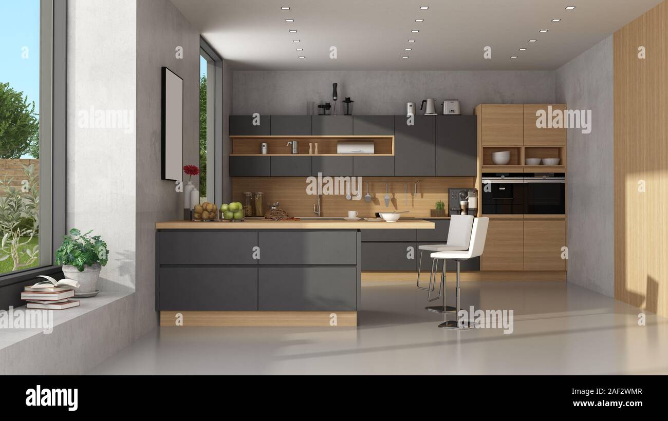 Nero moderno e cucina in legno con isola - 3d rendering Foto Stock