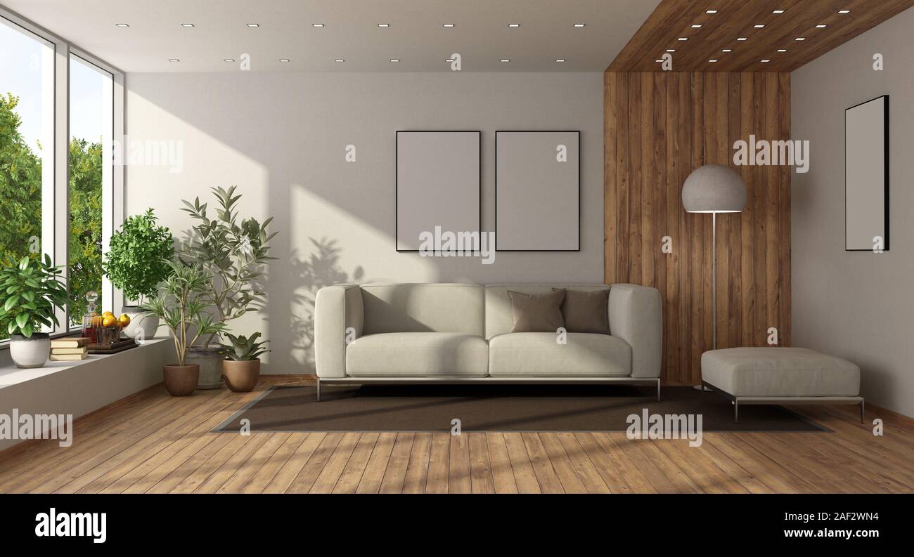 Minimalista sala soggiorno con ampia finestra e arredi bianchi - 3d rendering Foto Stock
