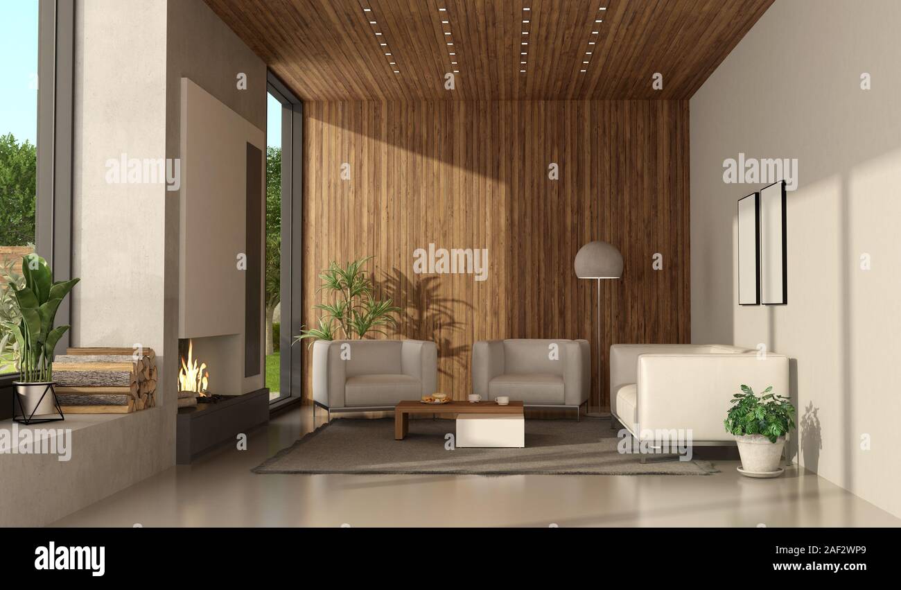 Minimalista stanza vivente di una moderna villa con camino e arredi bianchi - 3d rendering Foto Stock