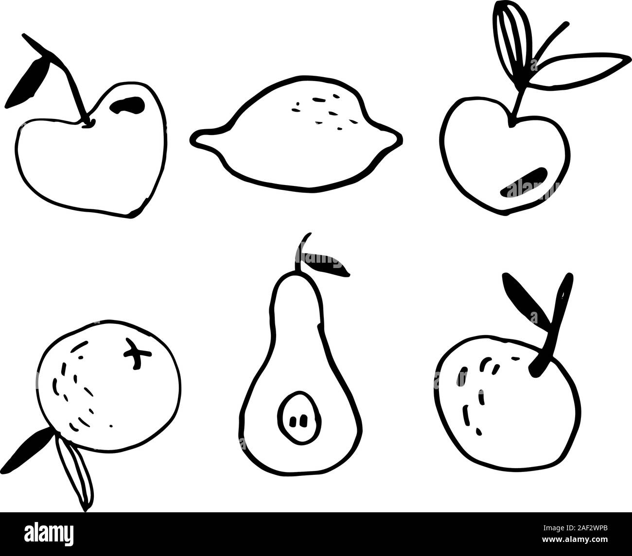 Impostare frutta mele, pere, tangerini, limone isolati su sfondo bianco in stile scarabocchio. Vettore Illustrazione Vettoriale