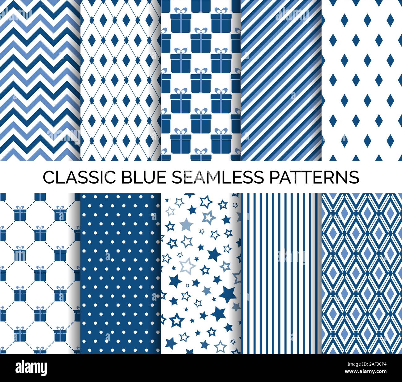 Set di blu classico seamless pattern. Vettore sfondi astratti. Chevron, polka dots, a strisce. Per la carta da parati design, la carta di avvolgimento, stampa di tessuto Illustrazione Vettoriale