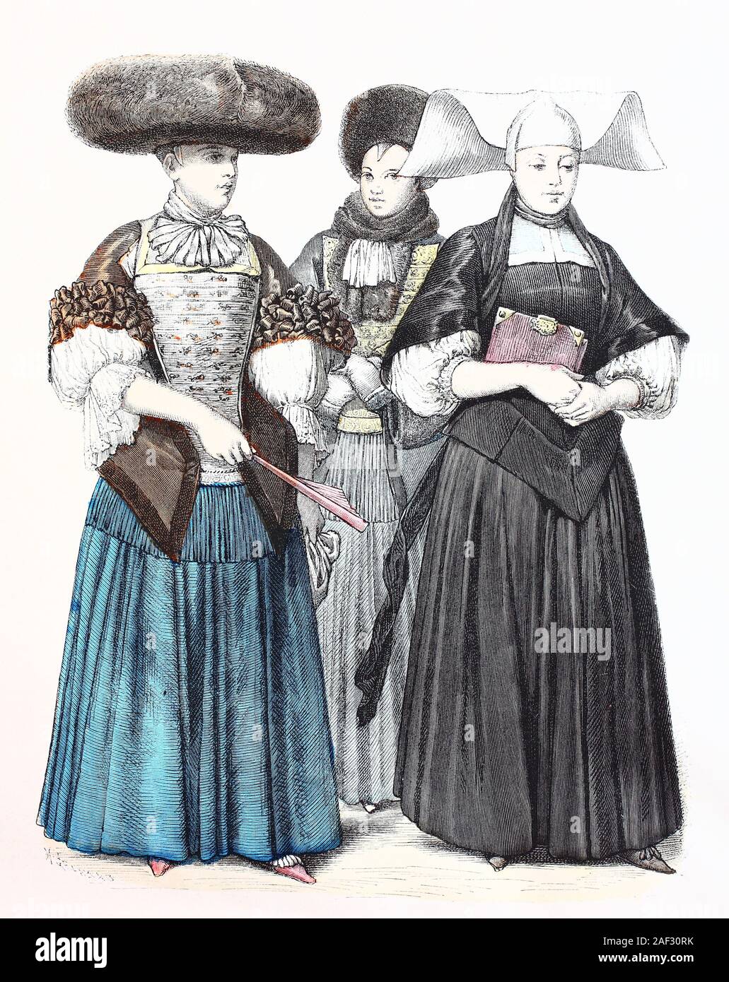 Il costume nazionale, vestiti, la storia del costume, Donna della grande calotta, donna nel Winterhabit, donna nel dolore, costumi nazionali da Strasburgo, Francia, secolo XVII, Volkstracht, Kleidung, Geschichte der Kostüme, Frau in der großen Kappe, Frau im Winterhabit, Frau in Trauer, Trachten aus Straßburg, Frankreich, 17. Jahrhundert Foto Stock