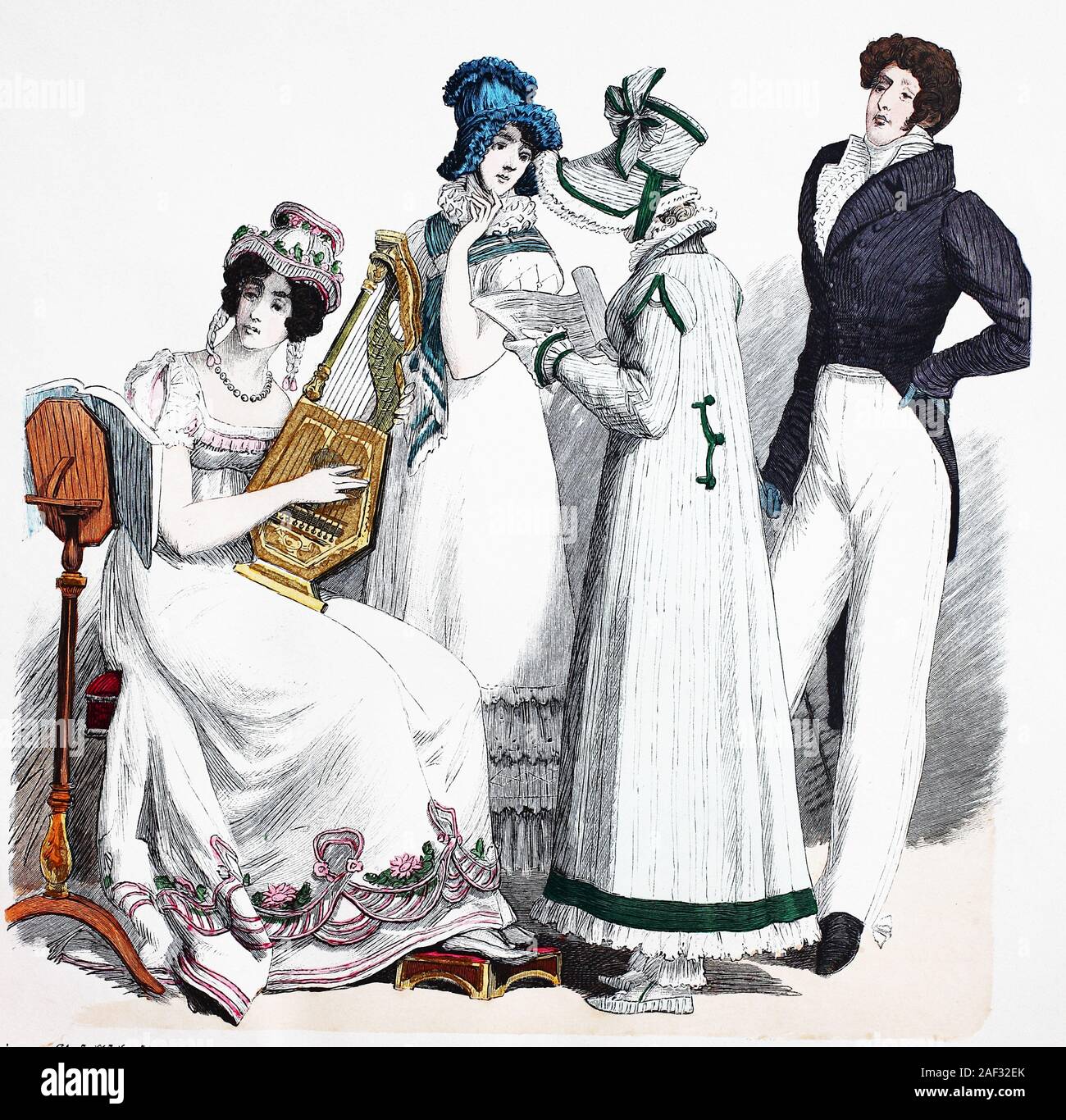 Il costume nazionale, vestiti, la storia dei costumi, vestiti di persone del bene della società in Germania, 1815-1820, Volkstracht, Kleidung, Geschichte der Kostüme, Kleidung von Personen der feinen Gesellschaft, Deutschland, 1815-1820 Foto Stock
