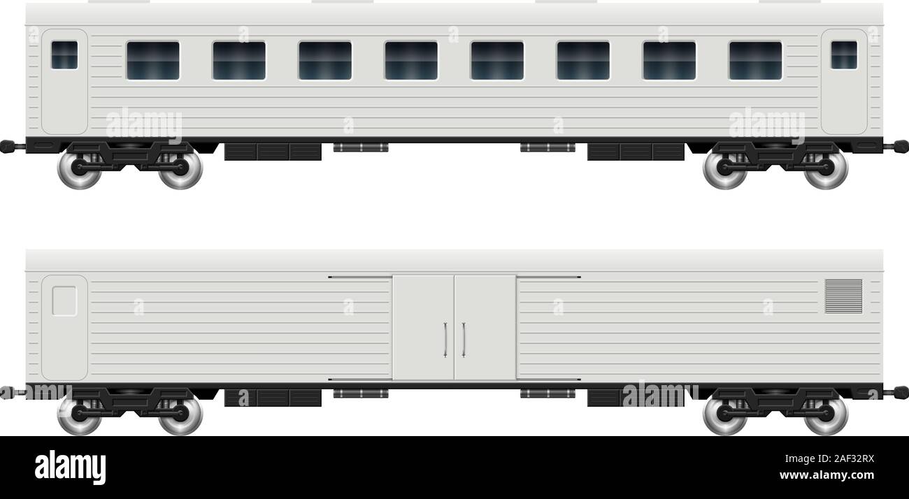 Automobili della ferrovia - cargo e il passeggero vista dal lato. I vagoni del treno su sfondo bianco illustrazione vettoriale. Editing semplice e ricolorare Illustrazione Vettoriale