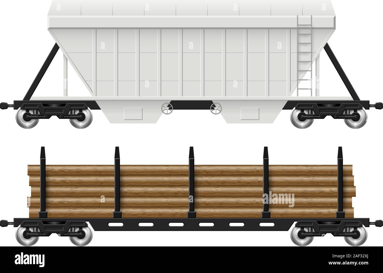 Automobili della ferrovia - tramoggia e registro con vista dal lato. Treno merci carri su sfondo bianco illustrazione vettoriale. Editing semplice e ricolorare Illustrazione Vettoriale