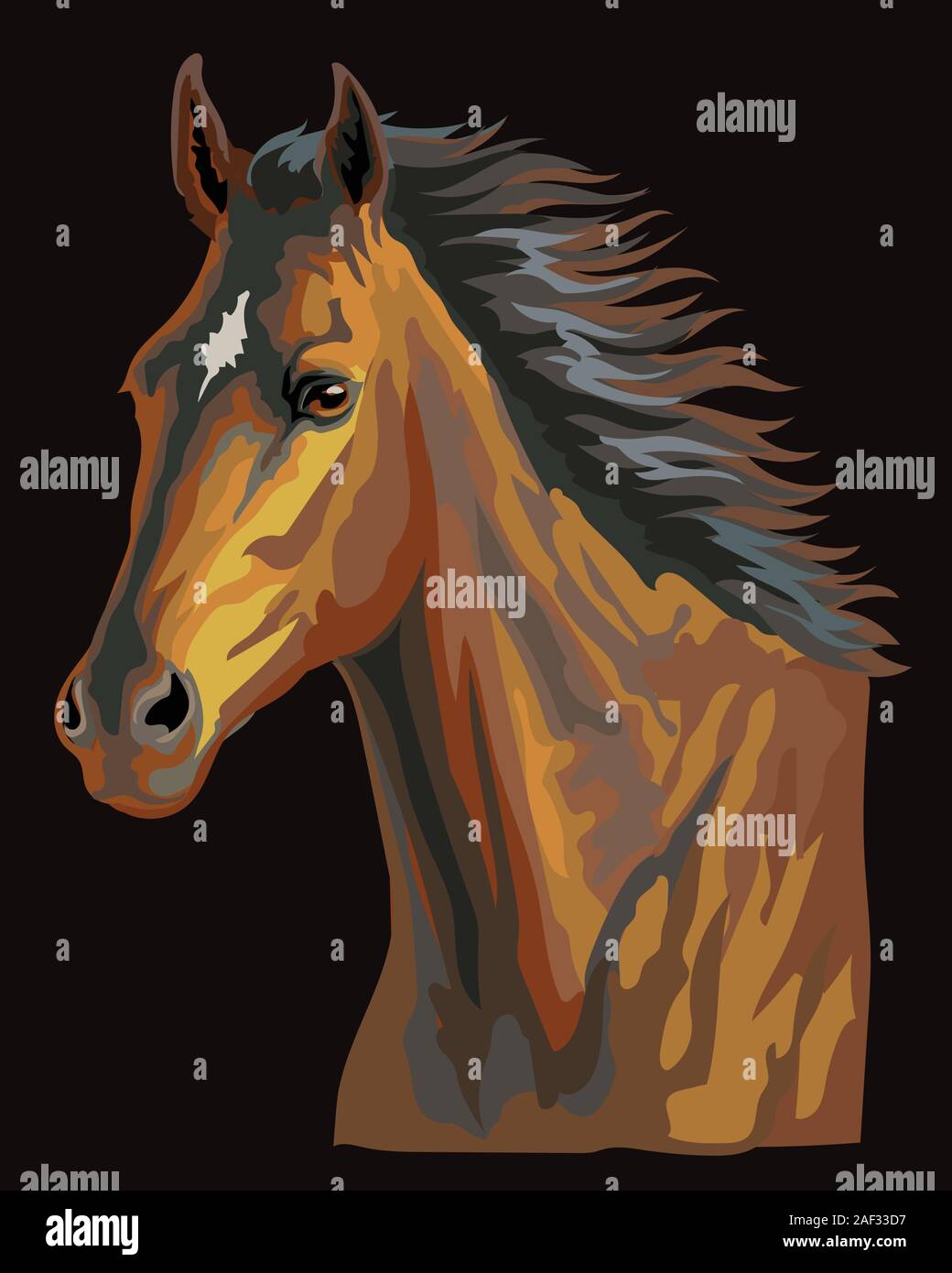 Coloratissimo cavallo ritratto. Bay testa di cavallo con lunga criniera isolati su sfondo nero. Colorata illustrazione vettoriale di bay a cavallo. In stile retrò ritratto o Illustrazione Vettoriale