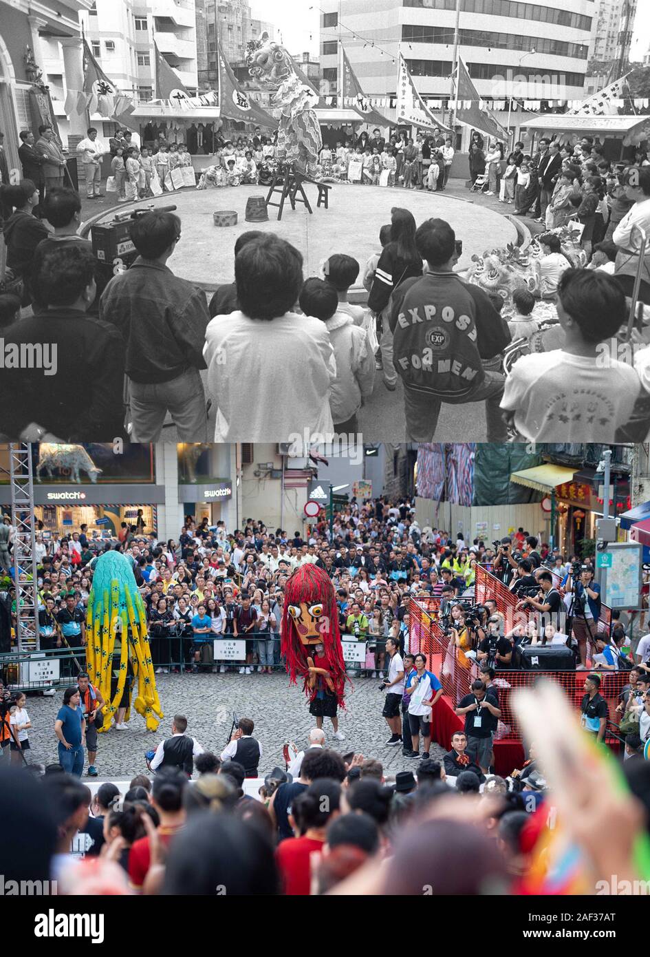 (191212) -- Pechino, il 12 dic. 2019 (Xinhua) -- Questa combinazione mostra fotografica di persone che guardano a prestazioni a Clube Militar (militari) Club di Macao, Cina sud (top, foto di Bi Yuenian, archiviati su Agosto 4, 1993) e ballerini eseguono su strada durante la Gioventù Internazionale Festival di danza a Macao, Cina del Sud il 20 luglio 2019 (fondo, foto di Cheong Kam Ka). Il 20 dicembre, Macao celebrerà il ventesimo anniversario del suo ritorno alla madrepatria. Negli ultimi due decenni, la regione amministrativa speciale ha fatto passi da gigante nello sviluppo economico e raggiunto la prosperità e la stabilità onu Foto Stock