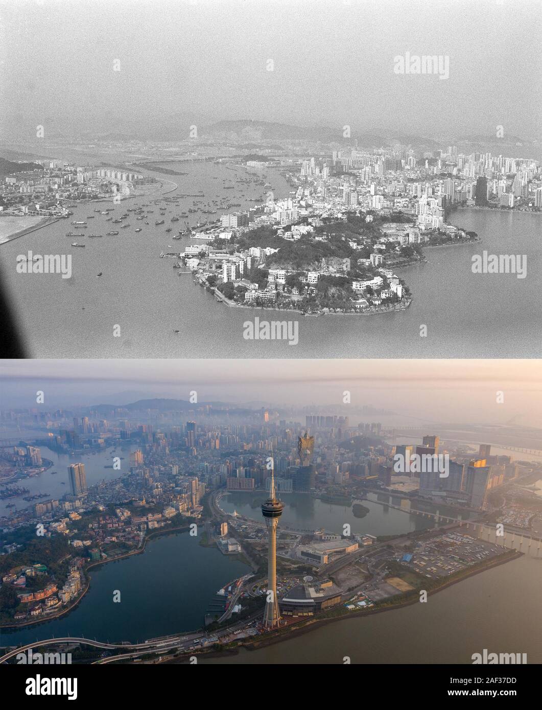 (191212) -- Pechino, il 12 dic. 2019 (Xinhua) -- Questa combinazione foto mostra una vista aerea della penisola di Macao nella Cina meridionale (top, foto di Bi Yuenian, Pubblicato il Agosto 15, 1992) e una veduta aerea di Macao, Cina sud su nov. 18, 2019 (fondo, foto di Cheong Kam Ka). Il 20 dicembre, Macao celebrerà il ventesimo anniversario del suo ritorno alla madrepatria. Negli ultimi due decenni, la regione amministrativa speciale ha fatto passi da gigante nello sviluppo economico e raggiunto la prosperità e la stabilità sotto il principio "un paese, due sistemi". Dal 20 dicembre 1999, la giornata storica per la Maca Foto Stock