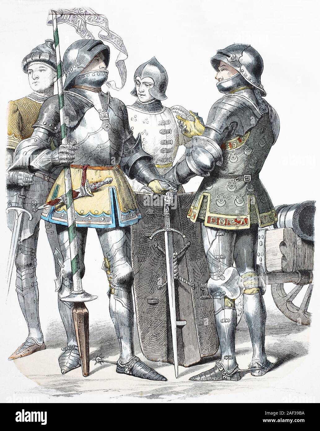 Il costume nazionale, vestiti, la storia dei costumi, cavalieri provenienti dalla Borgogna, in Francia, nel 1470, Volkstracht, Kleidung, Geschichte der Kostüme, Ritter aus Burgund, Frankreich, 1470 Foto Stock