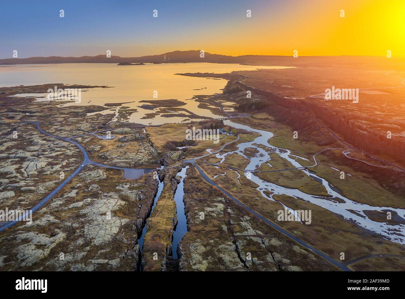 Visual del Mid-Atlantic Ridge, Almannagja, Sito Patrimonio Mondiale dell'Unesco, Thingvellir National Park. Foto Stock