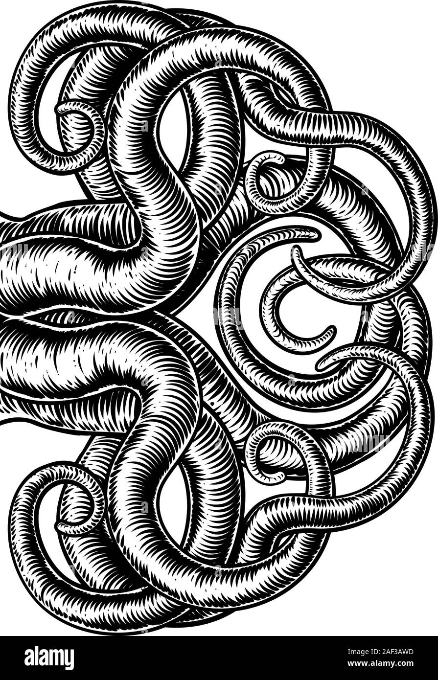 Il polpo Cthulhu Squid Monster tentacoli xilografia Illustrazione Vettoriale